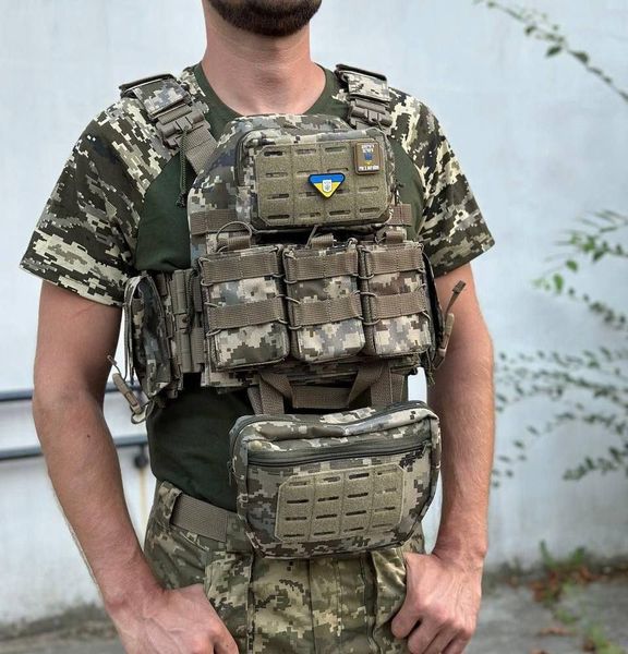 Плитоноска швидкого скидання з боковими карманами Cordura 1000D+ напашник та 6 підсумків піксель 42250 фото