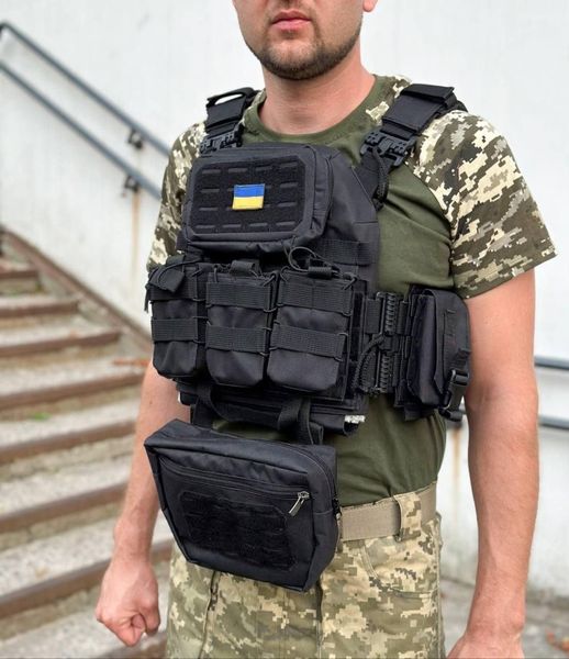 Плитоноска швидкого скидання з боковими карманами Cordura 1000D+ напашник та 6 підсумків чорна 42251 фото